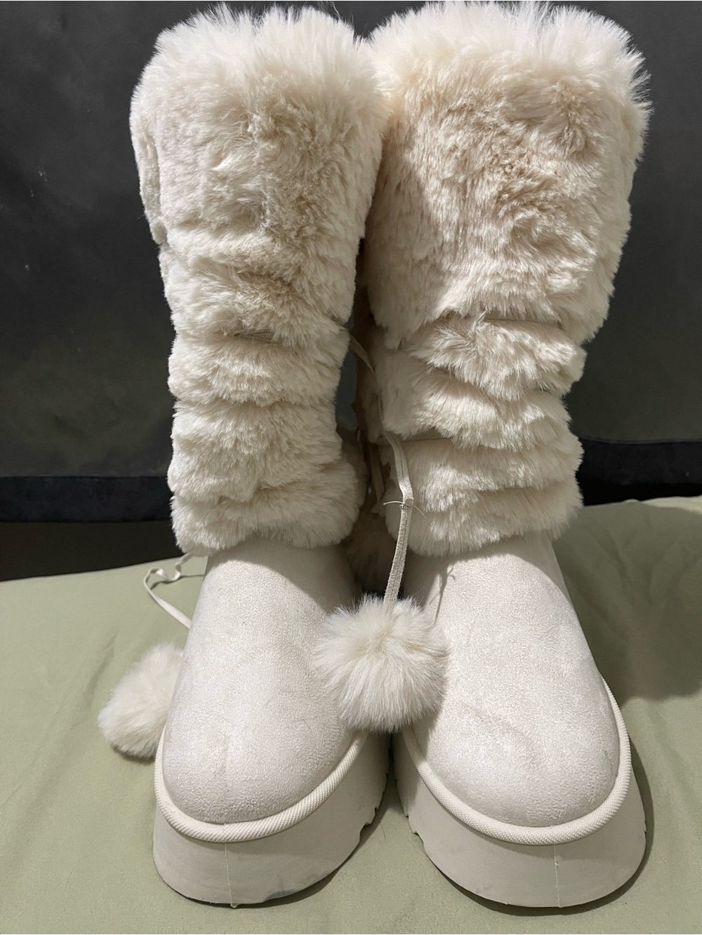 Cream Faux-Fur Winter Boots with Pom-Pom Ties